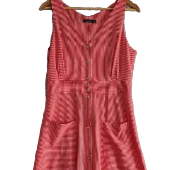 Women's Candy Stripe A Line Maxi Dress Red & White Pinstripe Pockets Button Down - Picture 1 of 9